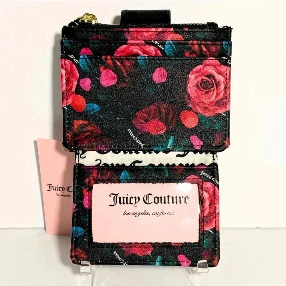 Juicy Couture Black Floral Card Case Tab Wallet